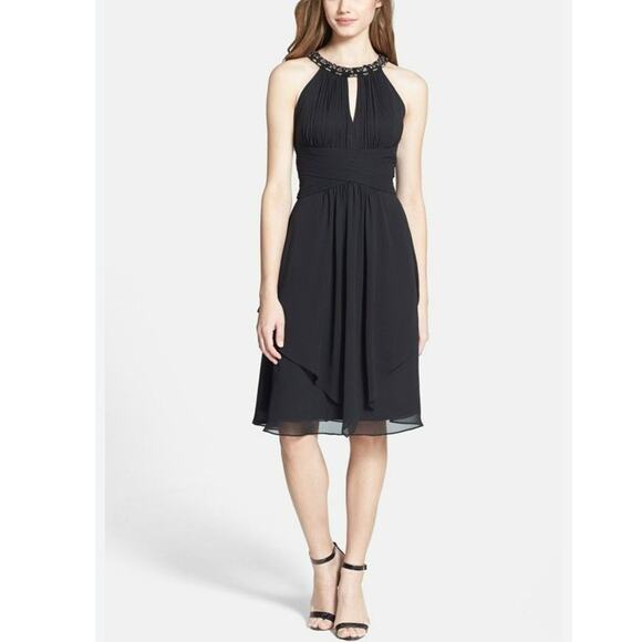 Eliza J Cocktail Dress 10 Black Chiffon Embellished Neck Elegant Feminine Event - Picture 2 of 16